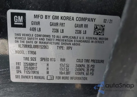 2021 Chevrolet Trailblazer Awd Ls из США, поврежденный, VIN KL79MNSL4MB152063